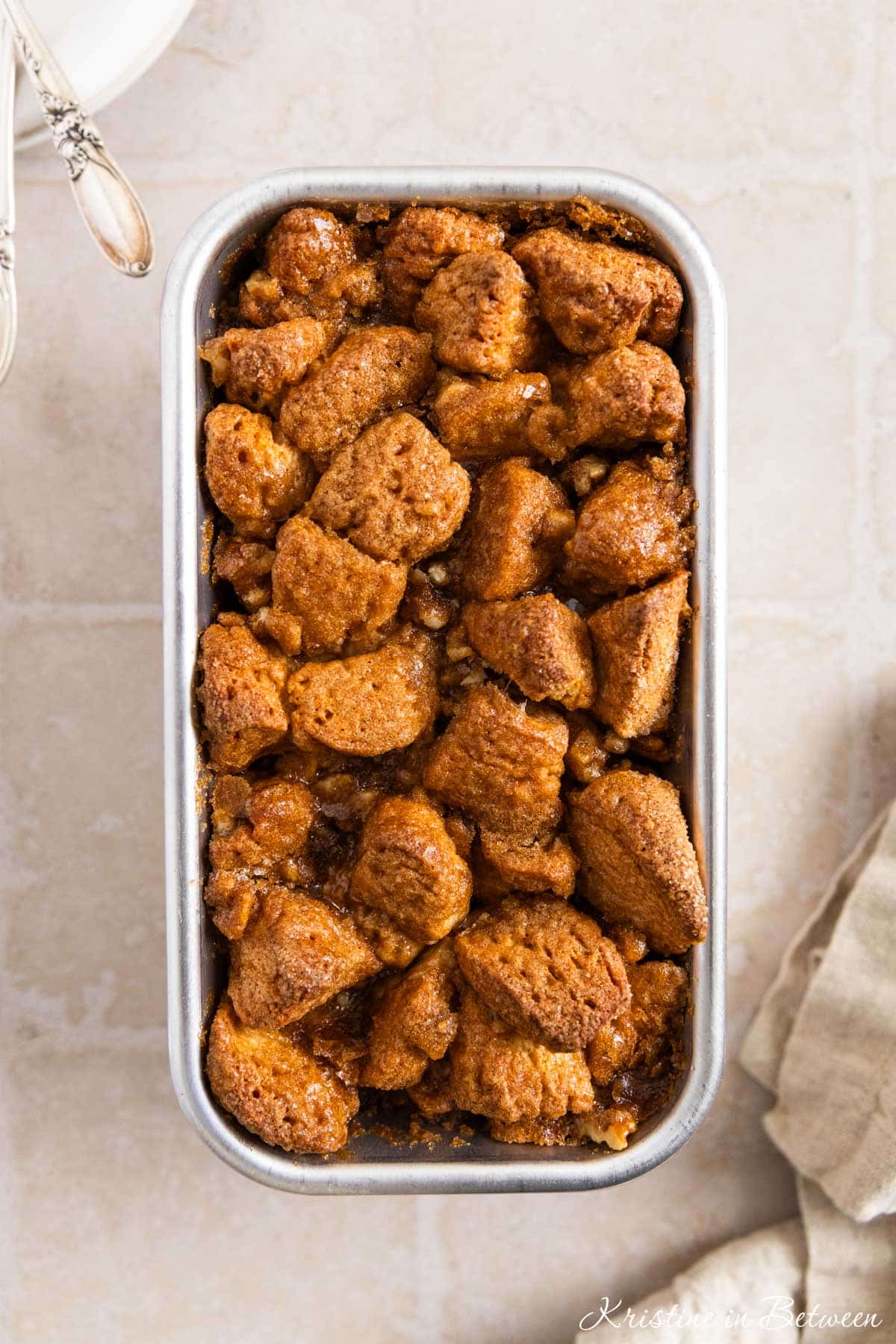 Monkey bread just out of the oven, still in the loaf pan.